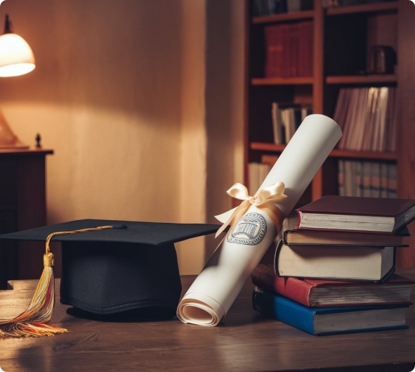 Graduation cap and diploma with books